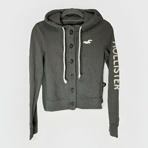 Hollister Button Front Cropped Hoodie Jacket XS Gray Logo Sleeve Y2K Surf Casual